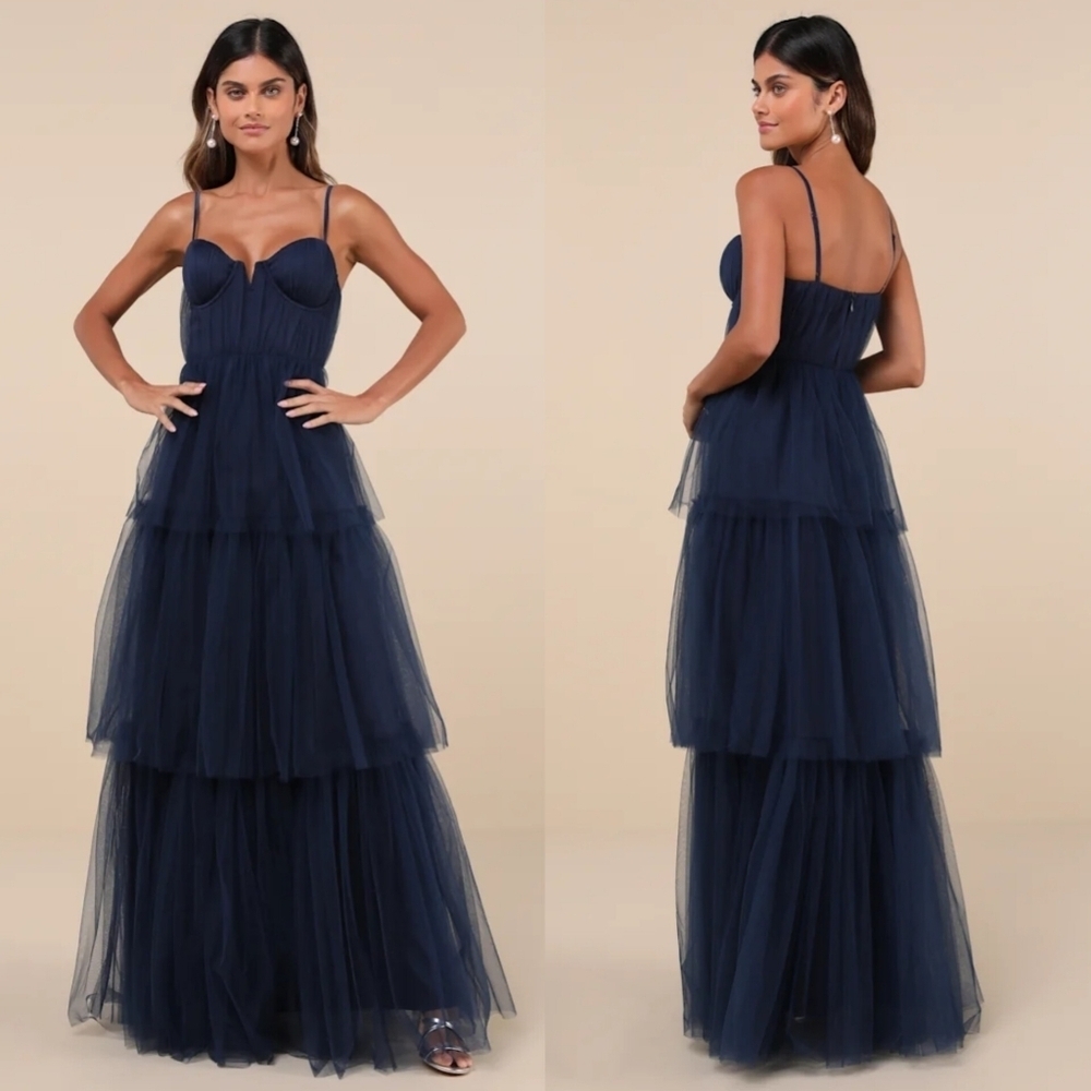 Lulus Unforgettable Poise Navy Blue Tulle Bustier Tiered Maxi Dress Wedding Prom